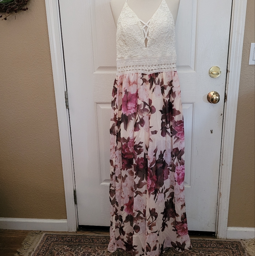 Women's romper lace halter top summer floral print Medium beachcore boho